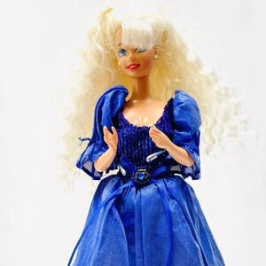 MATTEL BARBIE Doll Crinkled Blond Hair Blue Eyes Blue Gown 12" Tall